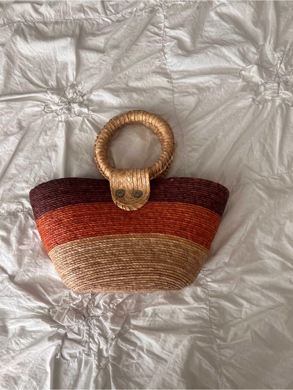 Woven Straw Tote Bag in Natural, Orange & Burgundy